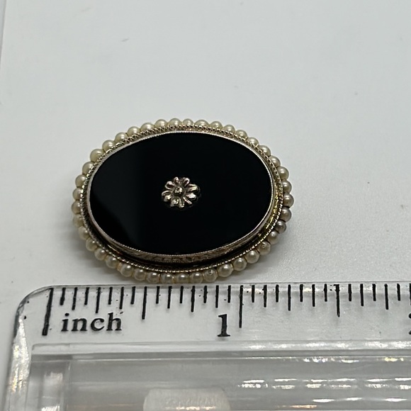 Victorian 10K White Gold Seed Pearl Black Onyx Mourning Brooch Pin - Picture 9 of 10